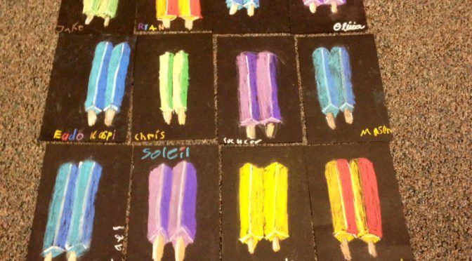 Third Grade Art Projects – Popsicles multiple drawings of popsicles are shown on black backgrounds.