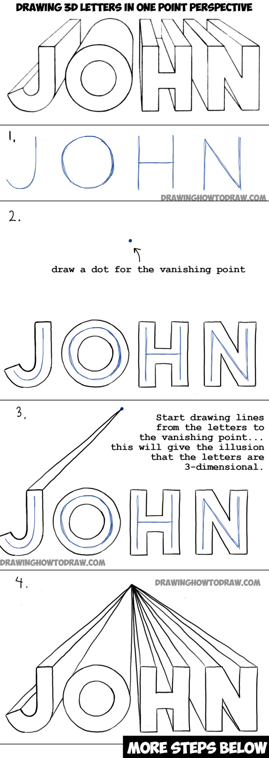 Third Grade Art Projects: 3-dletters Steps to draw 3-D letters that spell John are shown.