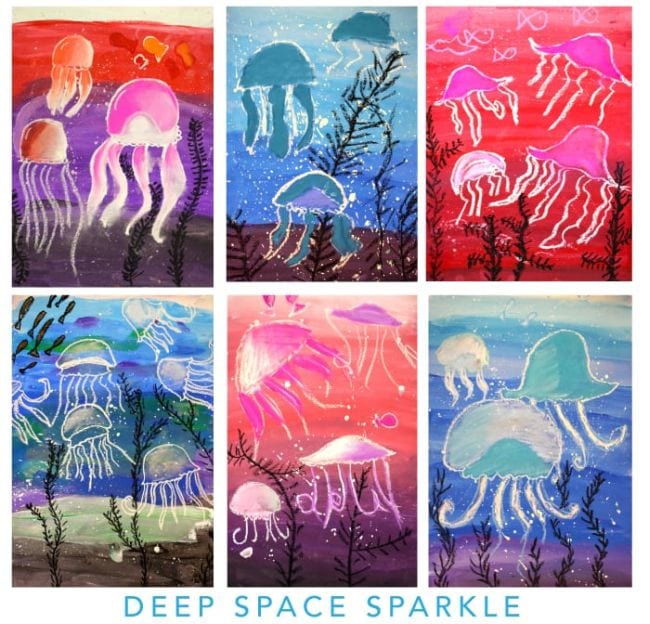 Third Grade Art Projects Mixed Media Jellyfish Third grade art projects include this collage of watercolor resist paintings with pastel chalk jellyfish