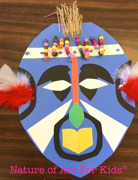 Third Grade Art Projects: African Mask An African mask is constructed from paper, beads, and other mixed media.