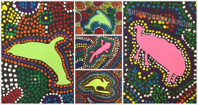 Third Grade Art Projects Aboriginal Dot Art Animals painted in solid colors, surrounded by multi-colored dots (Third Grade Art Projects)