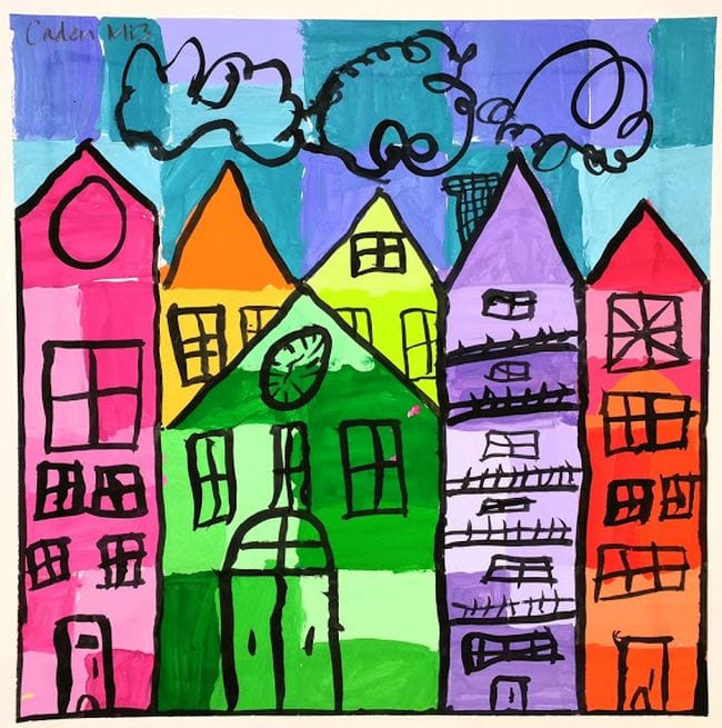 Third Grade Art Projects Ton Shulten Cityscapes Third grade art projects include these colorful skyscrapers against a sky painted in geometric blocks
