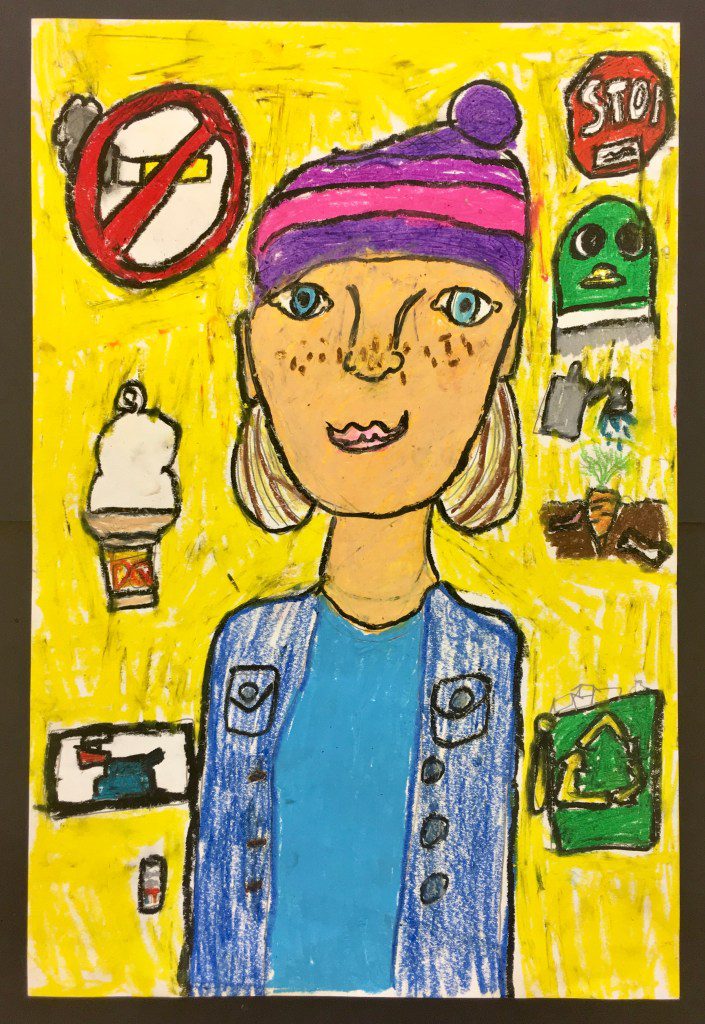 Third Grade Art Projects: Self Portraits A hand-drawn little girl is shown from the waist up. items are drawn around her that include an ice cream and a recycling symbol.