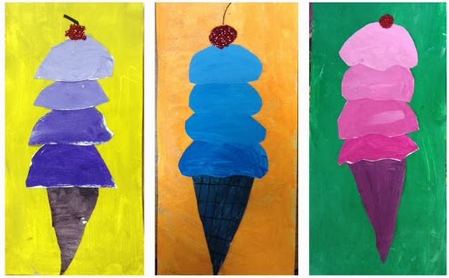 Third Grade Art Students Tints and Shades Ice Cream Third grade art projects include painted ice cream cones with each scoop a different shade of a single color