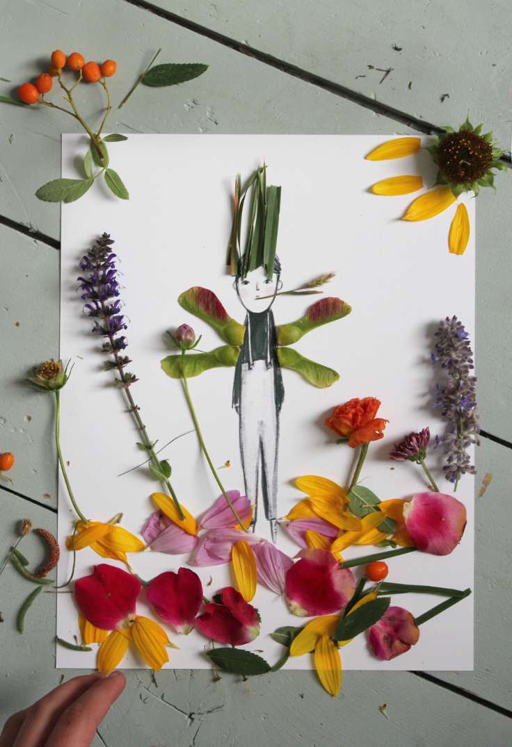 Third Grade Art Projects: Leaf People A simple marker drawing of a boy is in the center of the page and leaves and flower petals have been glued around him including to form his arms and hair.