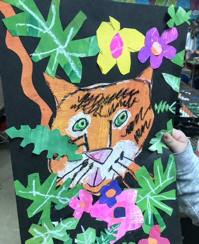 Third Grade Art Rousseau Style Tigers Textured painted tiger among construction paper leaves and flowers