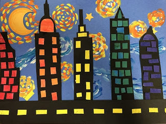 Third Grade Art Starry Night Cityscapes Third grade art projects include this starry night sky in pastels with black construction paper skyscrapers in front
