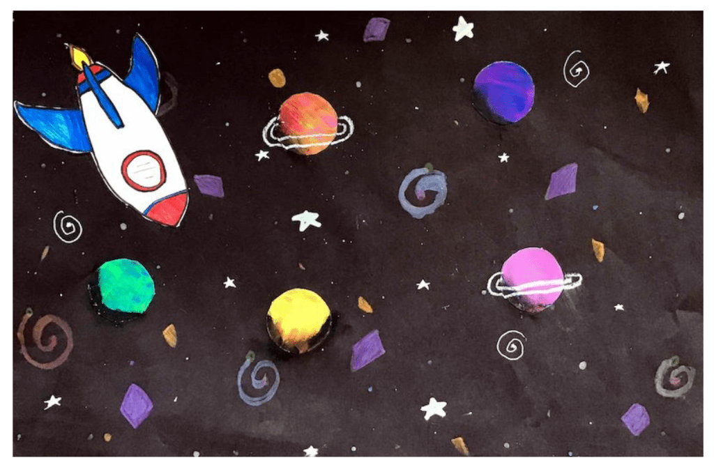 Third Grade Art Projects: Outer Space A black background has a rocketship drawn in the corner and different colored planets