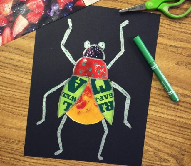 Third Grade Art Projects Collage Bugs Winged bug made of magazine scraps with chalk legs on black paper