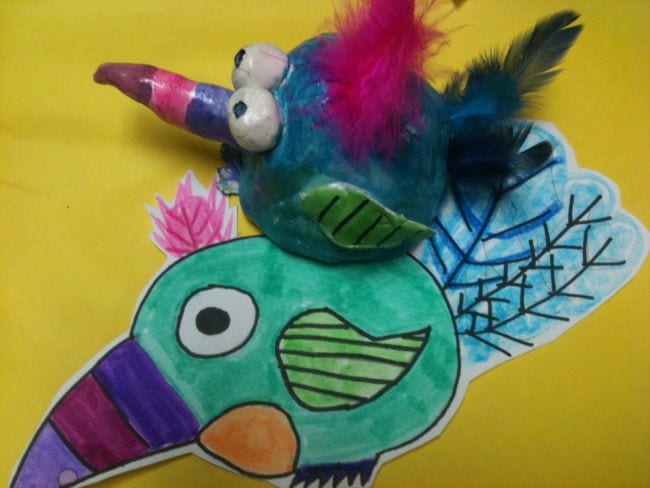 Third Grade Art Projects Clay Birds Drawing of a colorful bird, next to the same bird sculpted in clay with feathers added