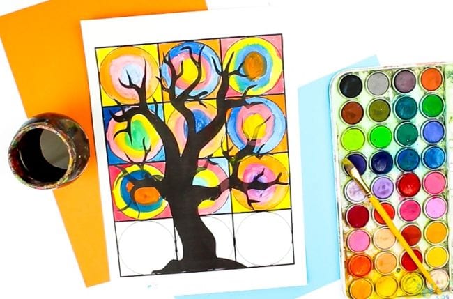 Third Grade Art Projects Kandinsky Circle Trees Third grade art projects include this page divided into squares with a tree outline, with colorful circles painted in the squares