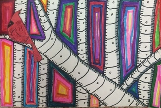 Third Grade Art Projects Birch Trees With Cardinals Birch tree branches surrounded by colorful marker lines, accented with a red cardinal