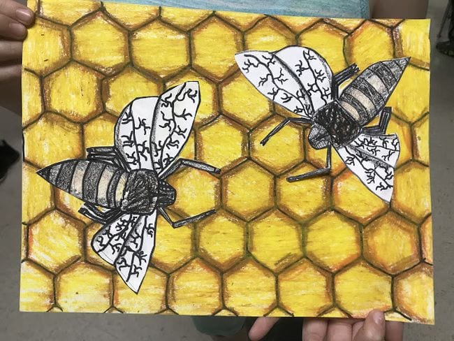 Third Grade Art Projects Honeycomb and Bees Yellow and brown honeycomb made from interconnected hexagons, with paper bees on top