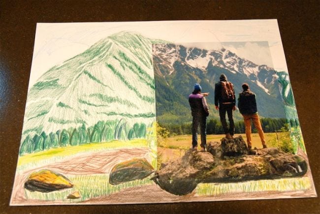 Third Grade Art Finish The Picture Third grade art projects for kids include this photo of three people backed by a mountain, with the larger landscape drawn in colored pencil