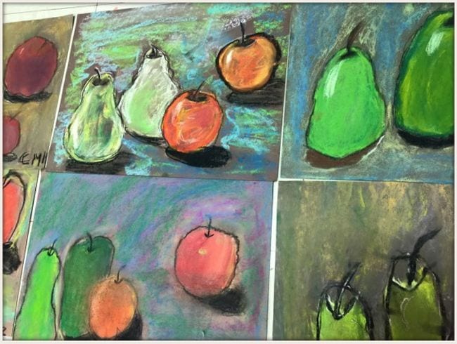 Third Grade Art Projects Cezanne Still Lifes Oil pastel still life pieces of apples and pears in the style of Cezanne