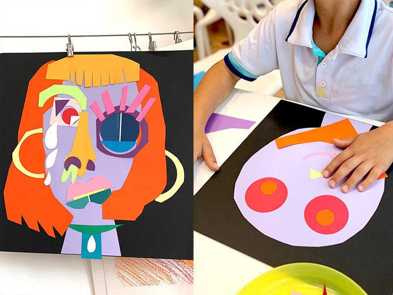 Third Grade Art Projects: Picasso Collage Third grade art projects include this one that is shown. The left image shows a face that has been assembled from different shapes and colored paper for features. The right side shows a child working on their collage