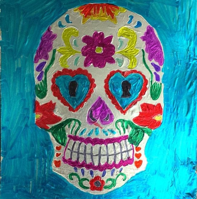 Third Grade Art Projects Sugar Skulls on Foil Third grade art projects include this colorful Mexican sugar skull imprinted on aluminum foil