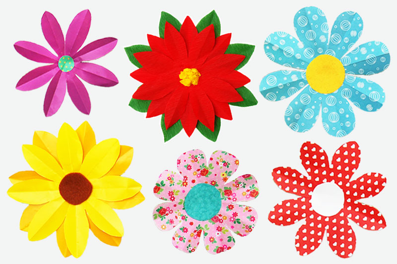 Third Grade Art Projects: Paper Flowers Six different paper flowers are shown in different shapes and colors.