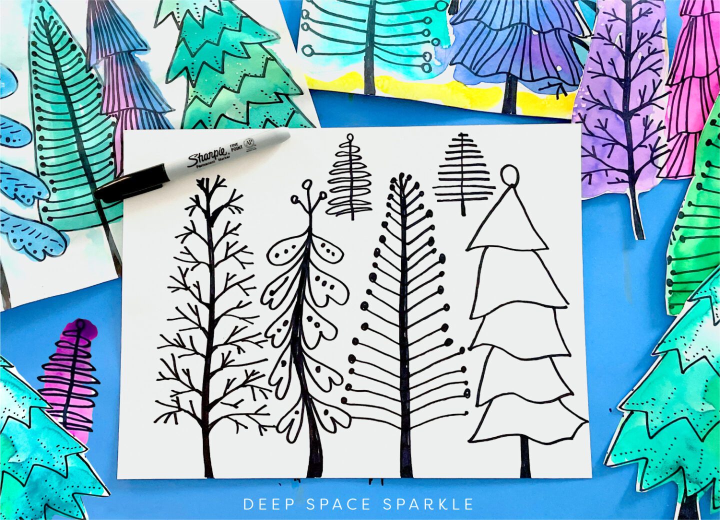 Third Grade Art Projects: Folk Art Trees Third grade art projects include this white piece of paper that has the outline of several different style trees in black. Paintings with trees colored using watercolor are shown in the background