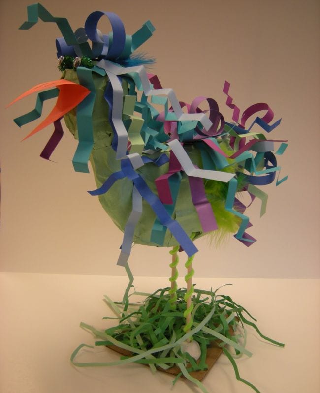 Third Grade Art Projects Paper Chicken Papier-mache chicken adorned with paper strips
