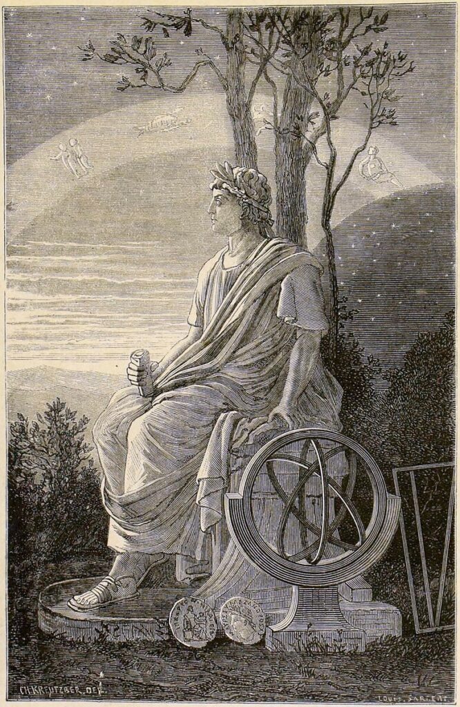 hipparchus hipparchus, famous mathematician, sitting by a tree holding a wheel