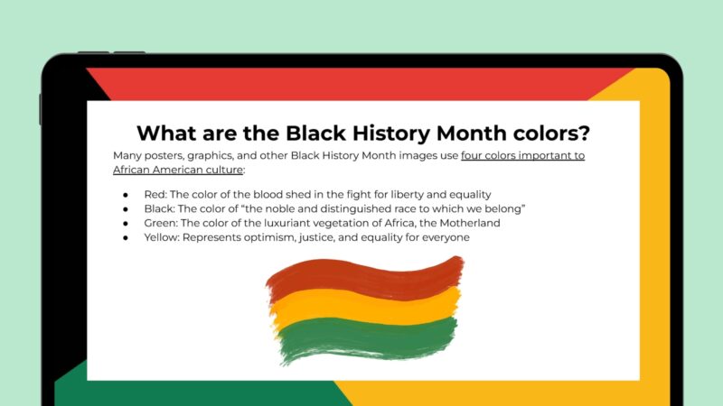 What Are the Black History Month Colors? Tablet screen featuring info and image about the Black History Month colors.