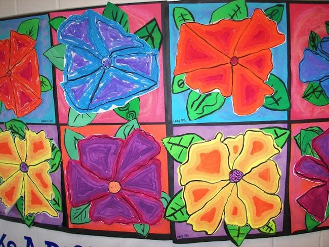 Third Grade Art Georgia O’Keefe Flowers Large red, blue, yellow, and purple flowers in the style of Georgia O'Keefe (Third Grade Art)