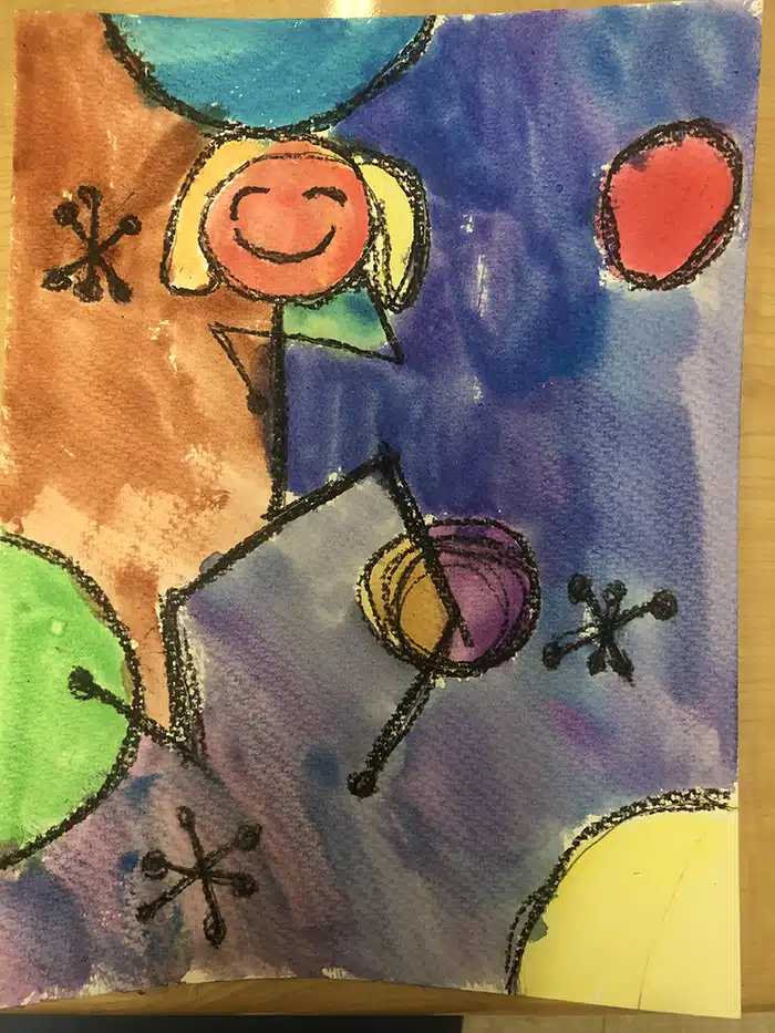 Third Grade Art Projects: Joan Miro A page is filled in entirely in different shapes and colors and a stick figure girl is also included.