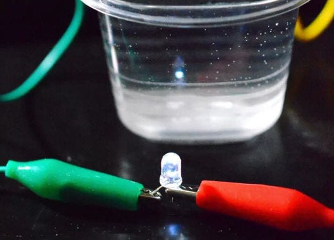 5th Grade Science Rookie Parenting Two alligator clips holding a lit LED with a cup of water in the background