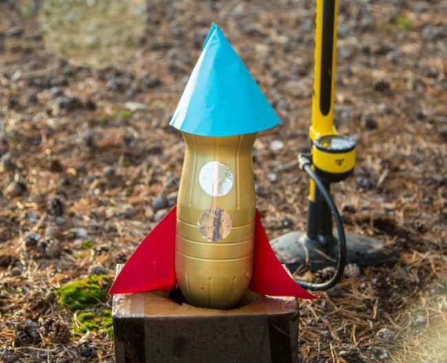 5th grade Science Rocket Science Sparks Rocket built from plastic bottle attached to a bike pump