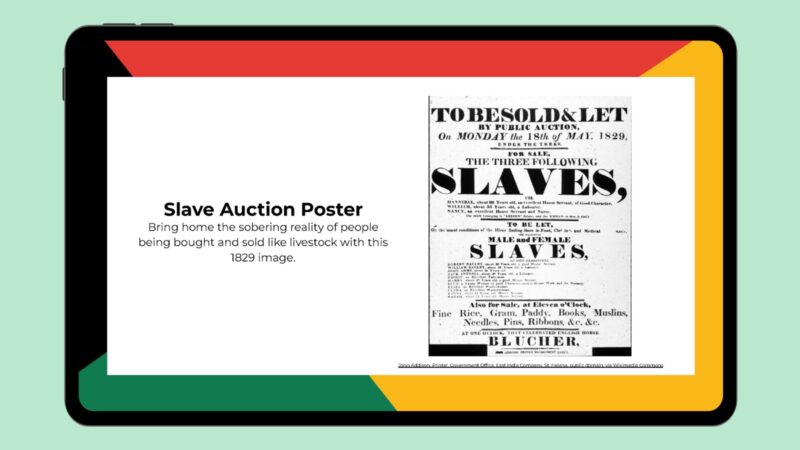 Slave Auction Poster Tablet screen featuring info and image about a slave auction poster.