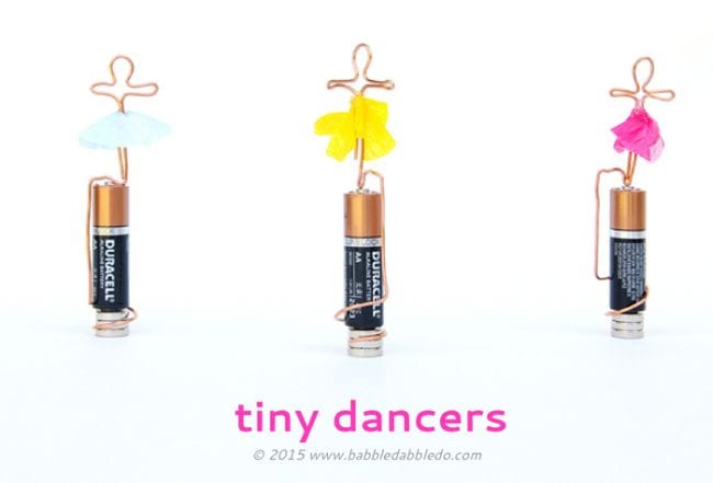 6th Grade Science Battery Babble Dabble Do AA batteries with tiny wire figures twisted around them, with tutus added to look like ballet dancers
