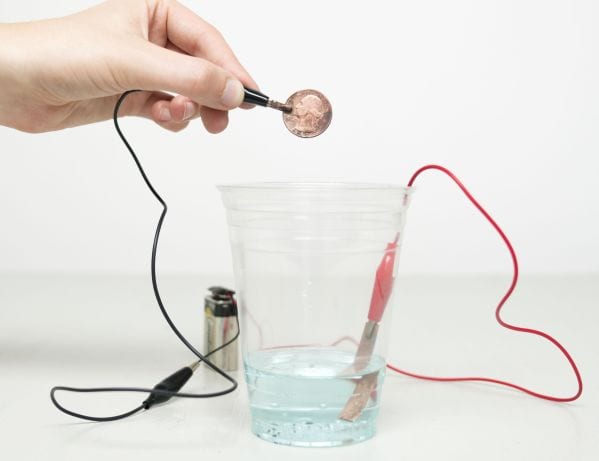 7th Grade Science Copper Coins Kiwico 9 volt battery with electric wires running to a penny, with a cup of blue liquid