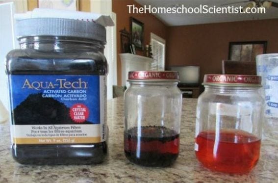 7th Grade Science Purify Water Home School Scientist1 Bottle of powdered activated charcoal next to two jars of colored water