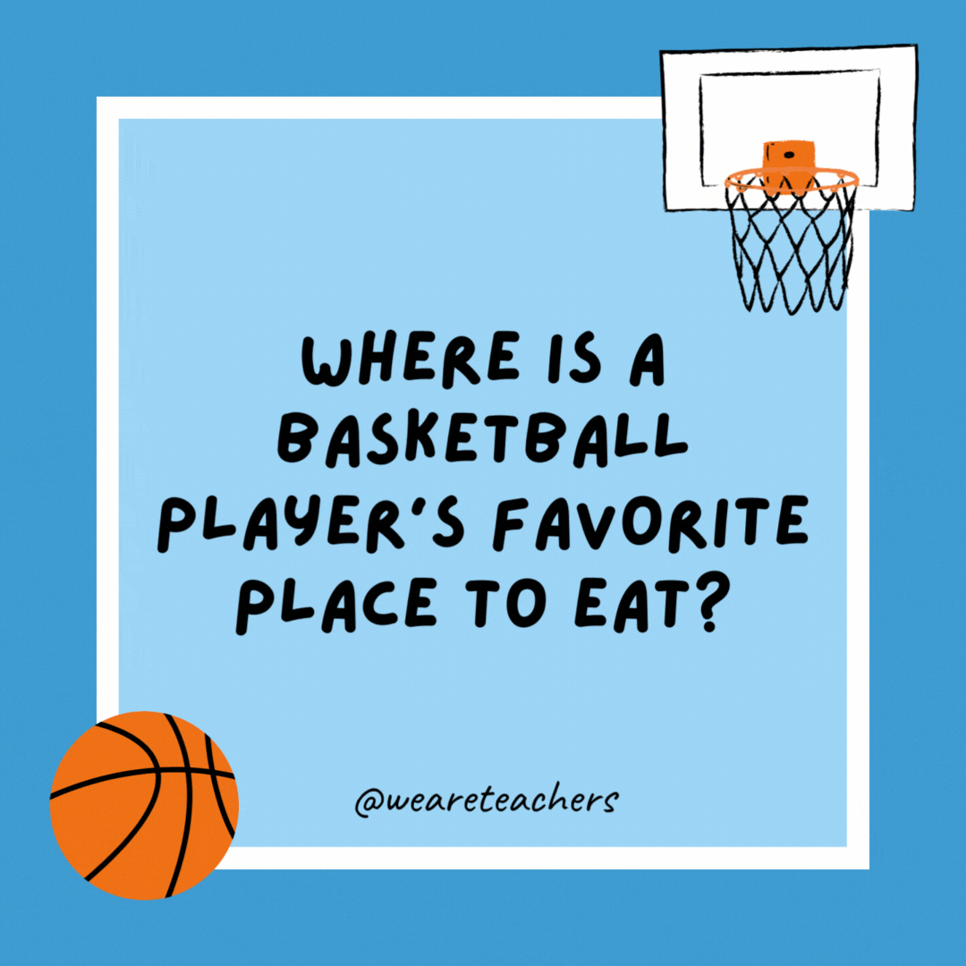 Where is a basketball player’s favorite place to eat? Dunkin’ Donuts. Where is a basketball player’s favorite place to eat?
Dunkin' Donuts.