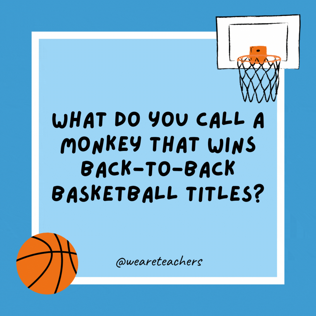 What do you call a monkey that wins back-to-back basketball titles? A chimpion. What do you call a monkey that wins back-to-back basketball titles?
A chimpion.