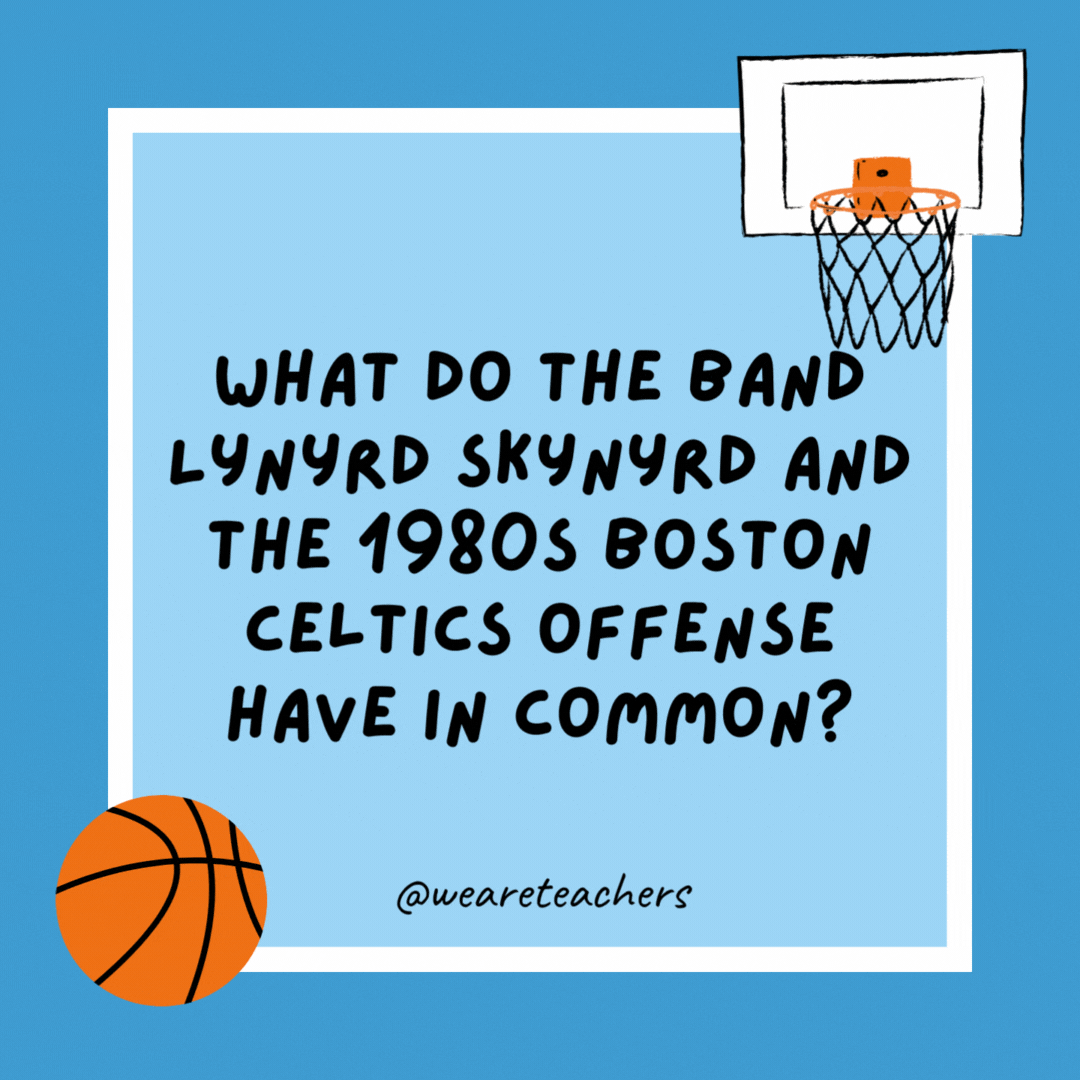 What do the band Lynyrd Skynyrd and the 1980s Boston Celtics offense have in common? Free Bird. What do the band Lynyrd Skynyrd and the 1980s Boston Celtics offense have in common?
Free Bird.