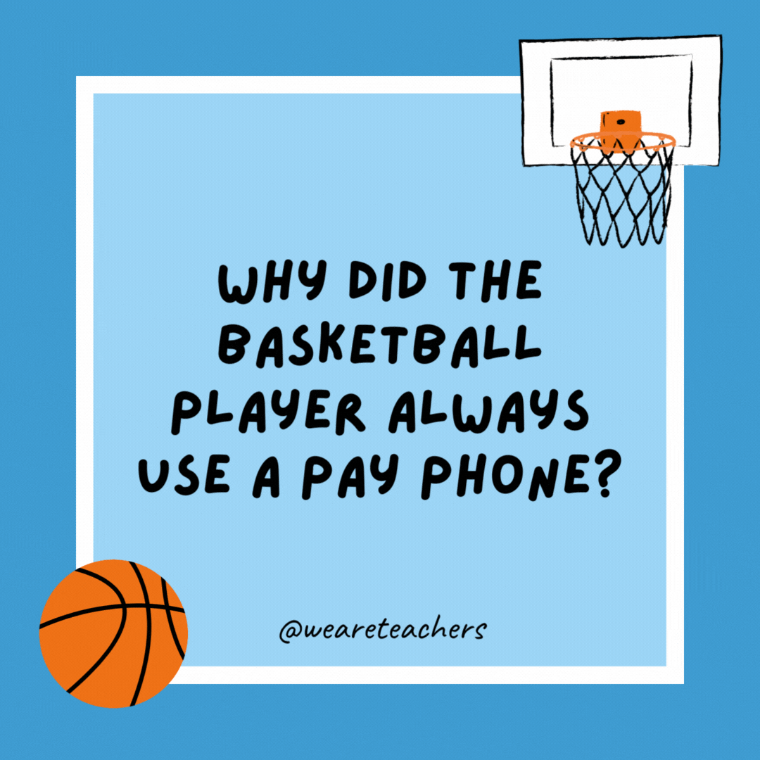 Why did the basketball player always use a pay phone? He loved dropping dimes. Why did the basketball player always use a pay phone?
He loved dropping dimes.