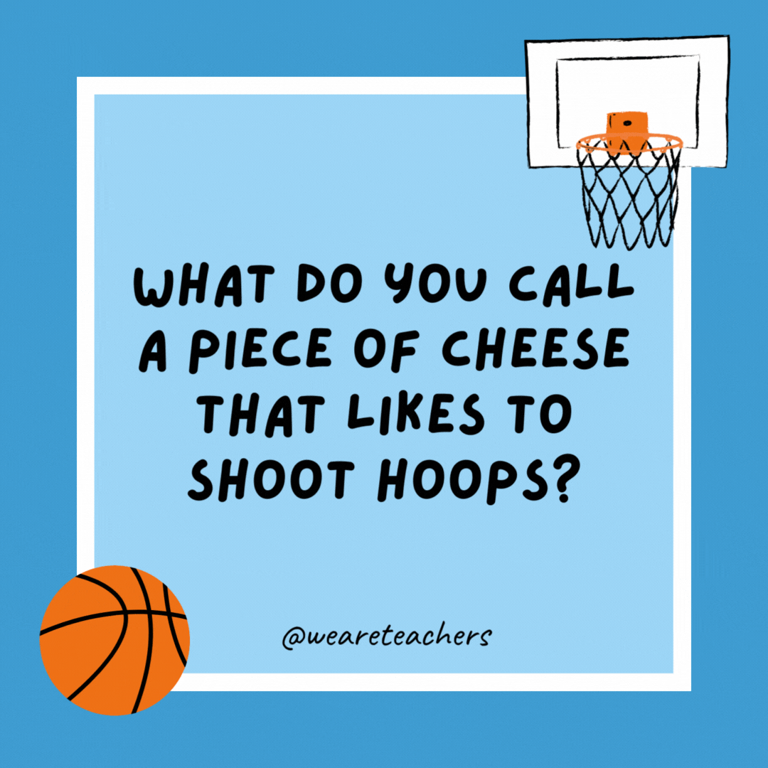What do you call a piece of cheese that likes to shoot hoops? Swiss. What do you call a piece of cheese that likes to shoot hoops?
Swiss.