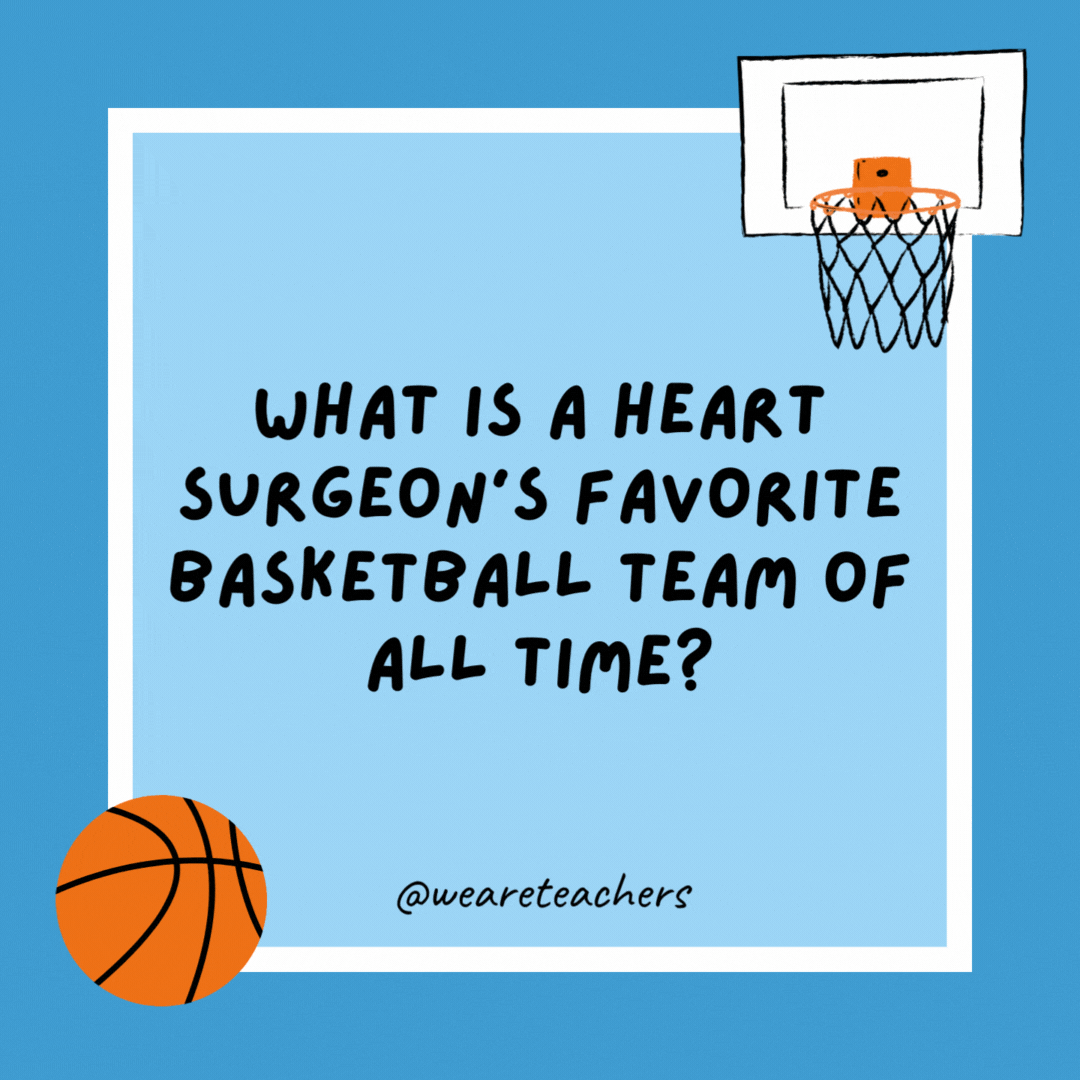 What is a heart surgeon’s favorite basketball team of all time? The 1983 N.C. State NCAA Champions because they were nicknamed the Cardiac Pack. What is a heart surgeon’s favorite basketball team of all time?
The 1983 N.C. State NCAA Champions because they were nicknamed the Cardiac Pack.