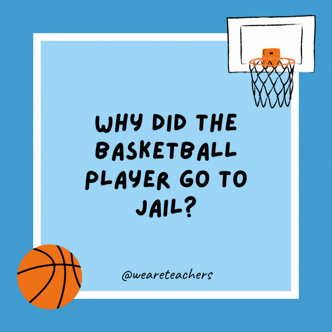 Why did the basketball player go to jail? He shot the ball. Why did the basketball player go to jail?
He shot the ball.