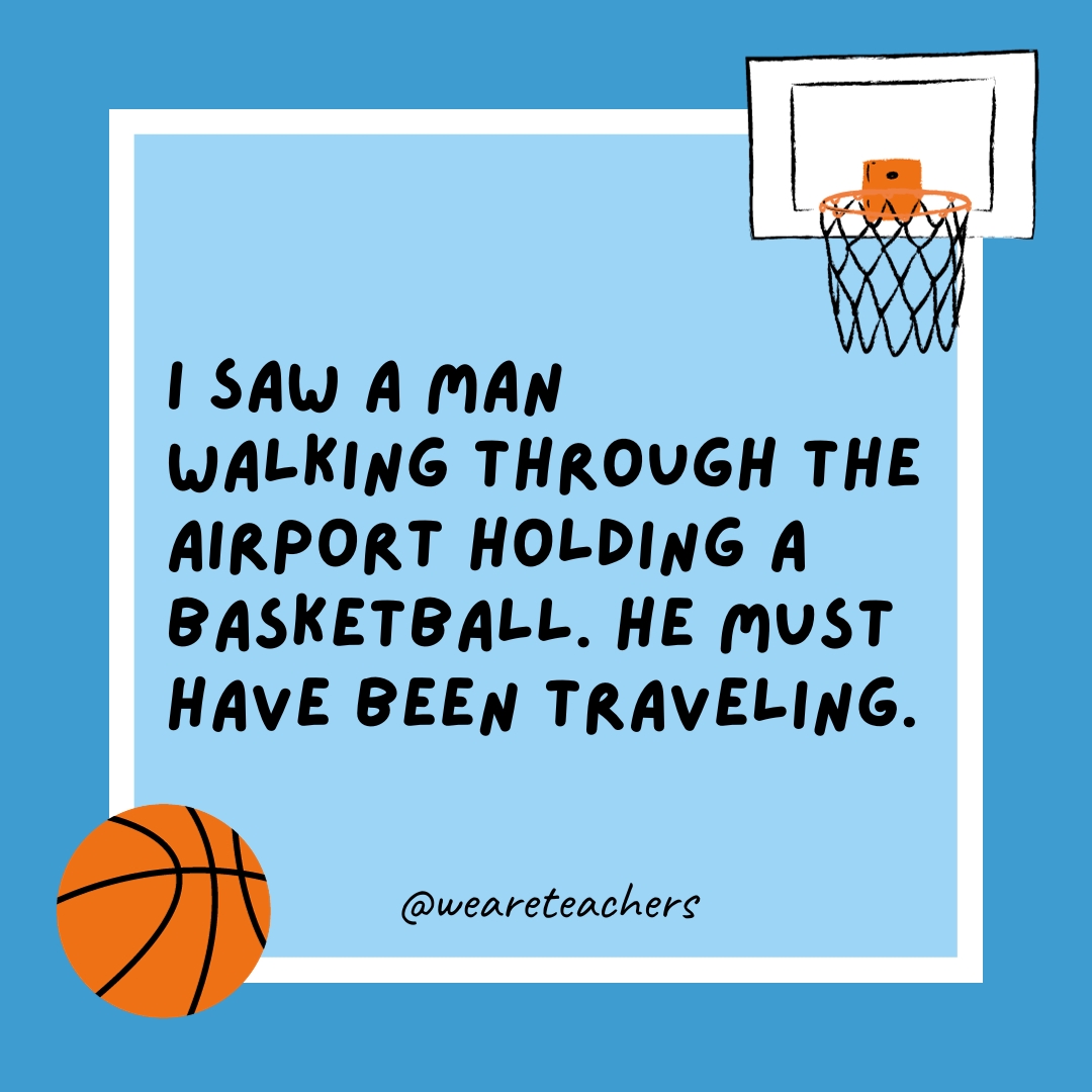 I saw a man walking through the airport holding a basketball. He must have been traveling. I saw a man walking through the airport holding a basketball. He must have been traveling.
