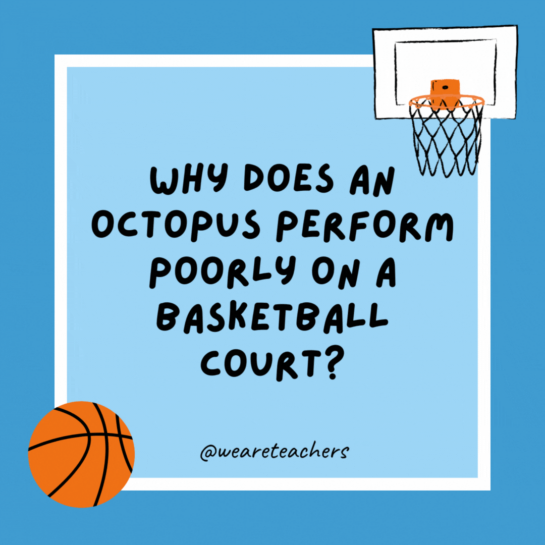 Why does an octopus perform poorly on a basketball court? It’s always getting tentacle fouls. Why does an octopus perform poorly on a basketball court?
It’s always getting tentacle fouls.