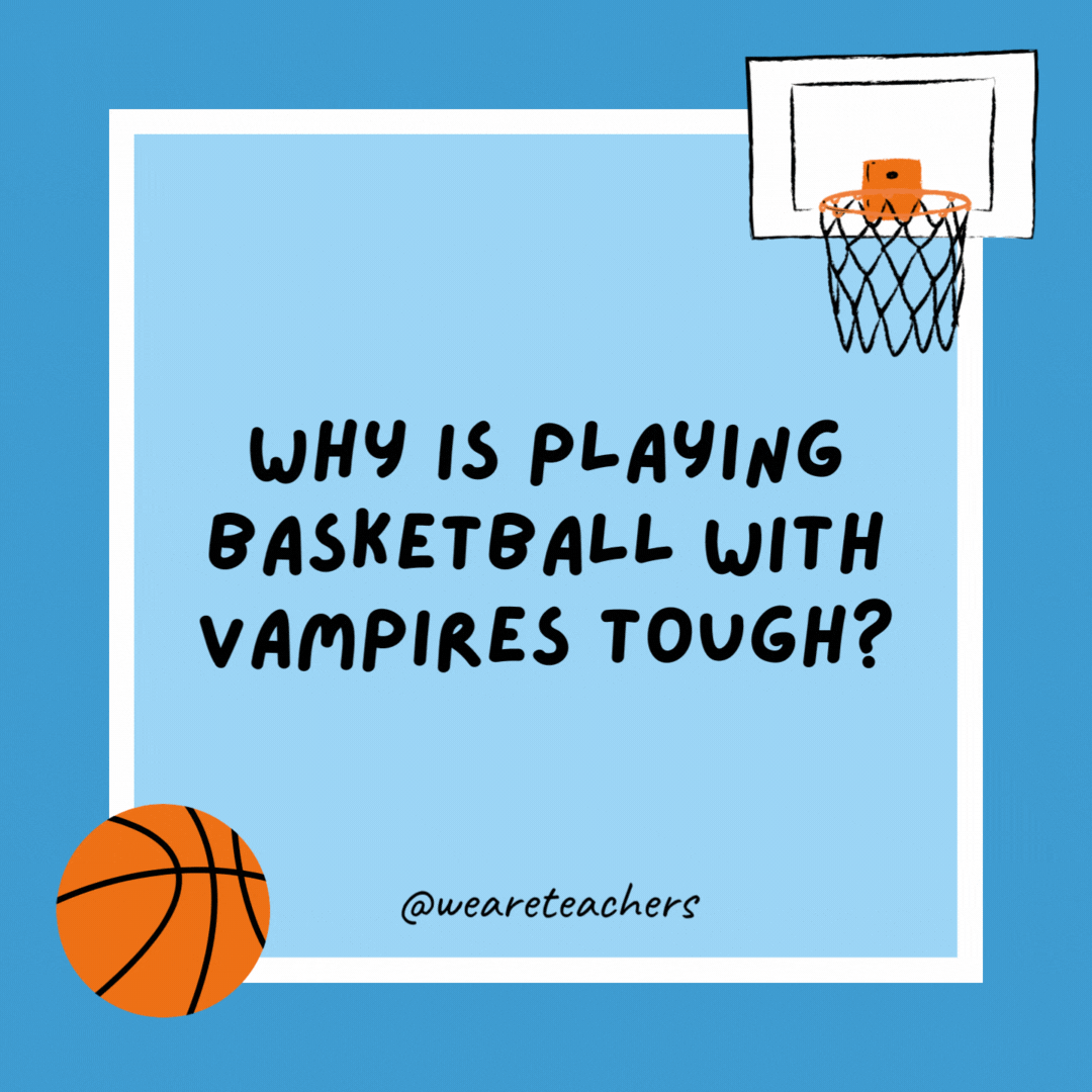Why is playing basketball with vampires tough? No blood, no foul! Why is playing basketball with vampires tough?
No blood, no foul!