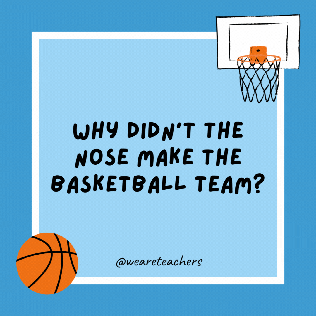 Why didn’t the nose make the basketball team? He didn’t get picked. Why didn’t the nose make the basketball team?
He didn’t get picked.
