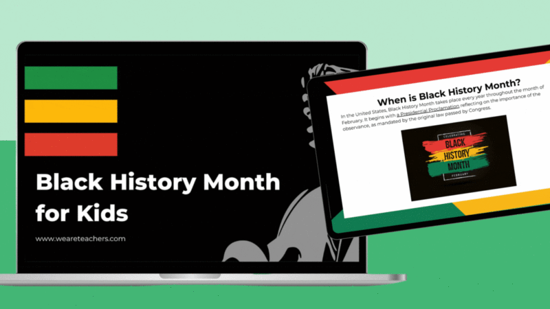 Black History Month Google Slide Gif featuring laptop and table screens showing various Black History Month Google Slides