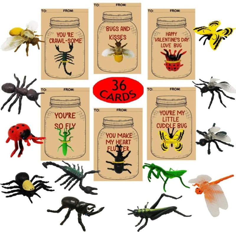 bug-valentines A collection of mini bug figurines and valentine's day cards with punny sayings about bugs