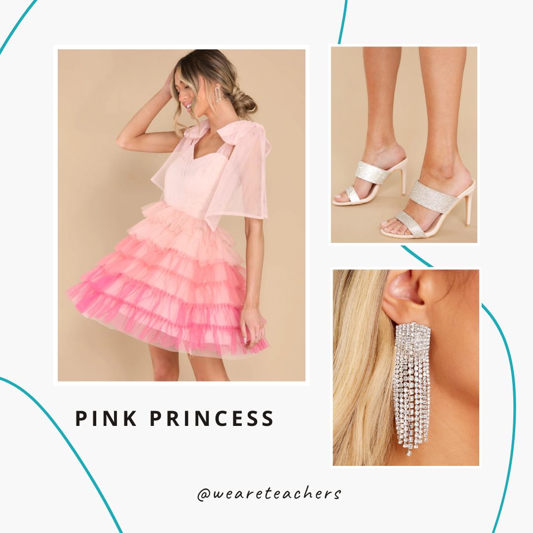Chaperone Outfit 1 Pink dress, white heels and diamond earrings.