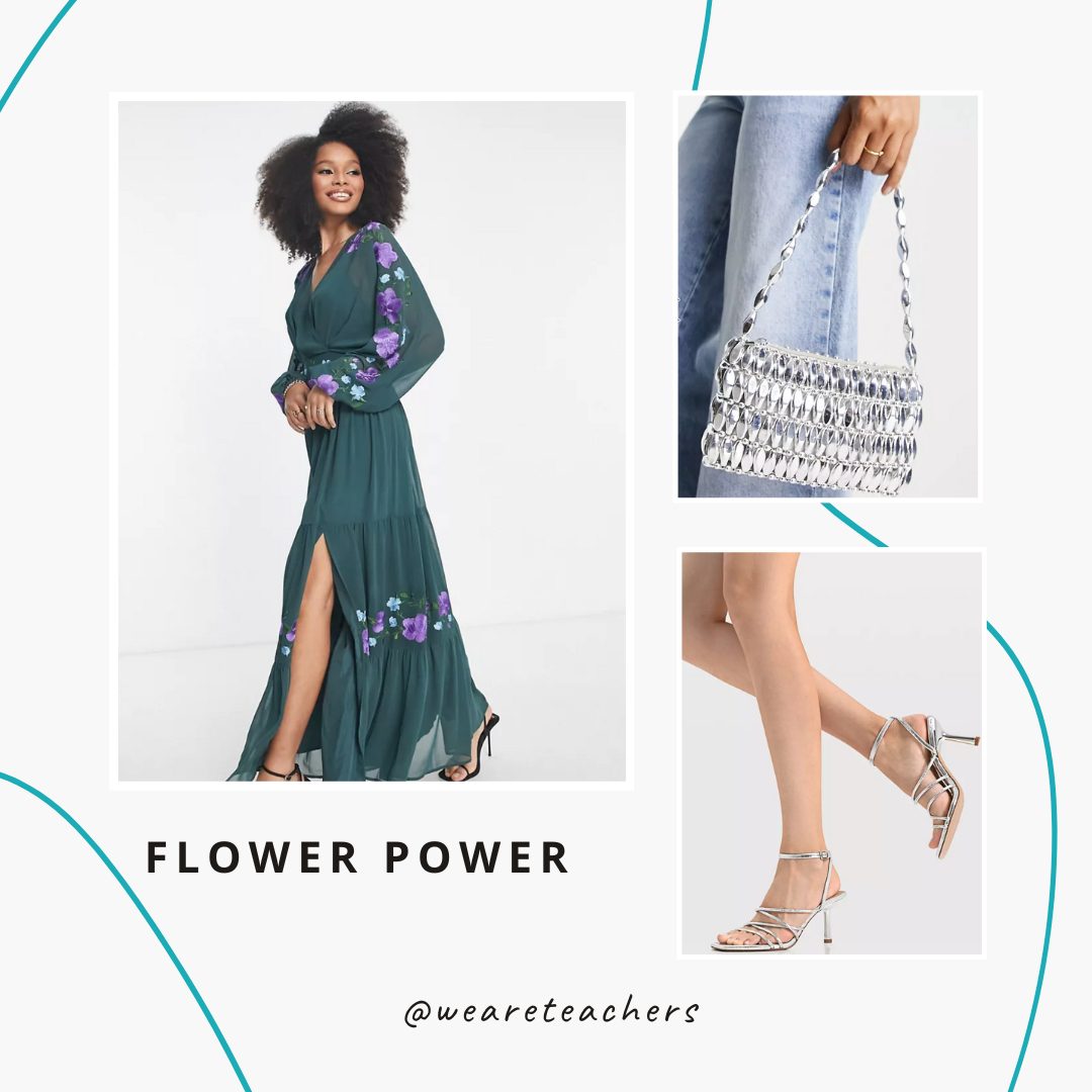 Chaperone Outfits 2 Emerald flowy dress, sequin purse and heels.