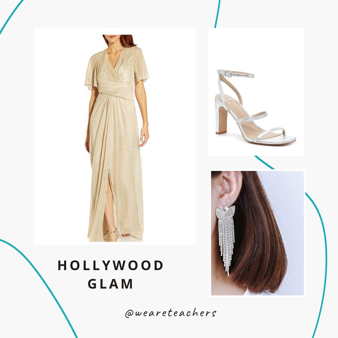 18 of Our Favorite Prom Chaperone Outfits for Teachers A gold long dress, silver heels and long silver earrings.
